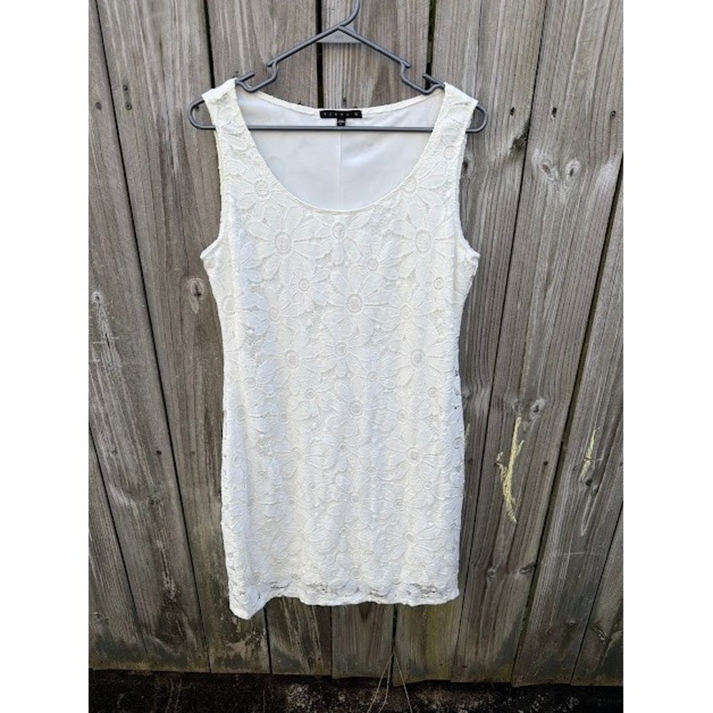 Coquette Cottagecore Tiana B Floral Lace Dress L White Daisy Sleeveless Shift